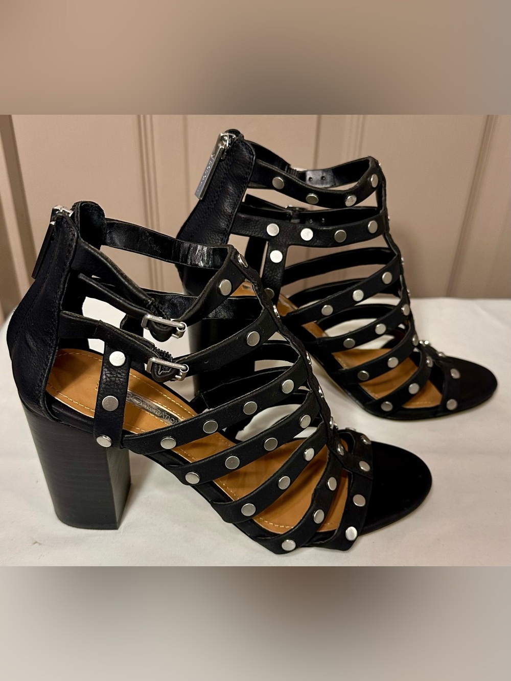 BCBGeneration Black Leather Studded Strappy Block Heel Sandals